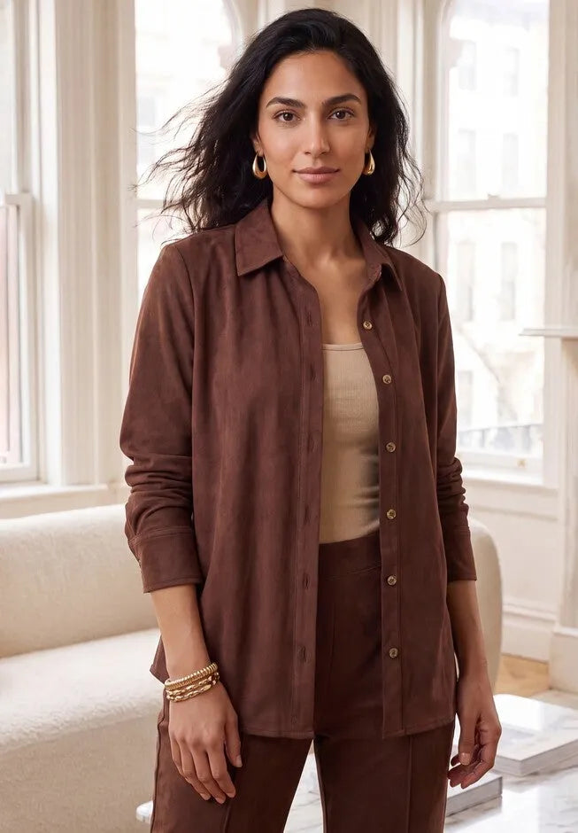 Stretch Faux Suede Button-Up Shirt