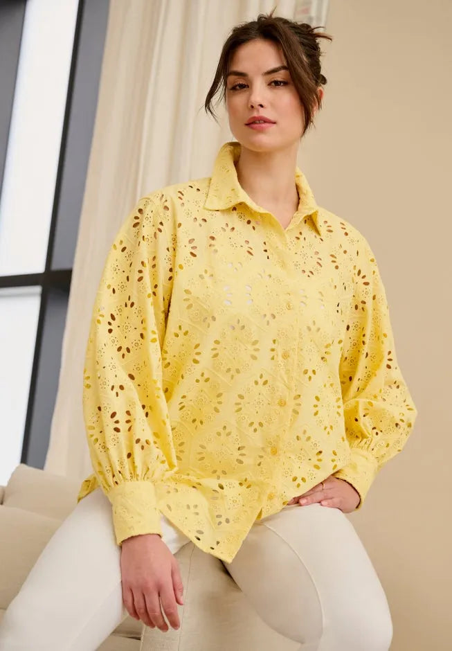 100% Cotton Cambric Eyelet Button-Front Blouson Sleeve Shirt