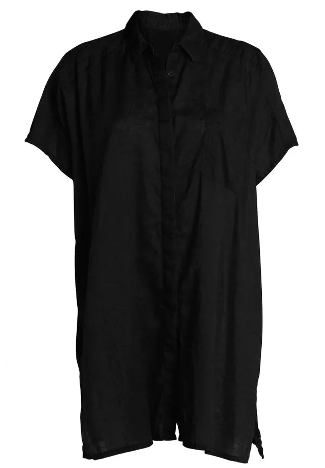 Linen-Blend Button-Front Short Sleeve Collared Tunic