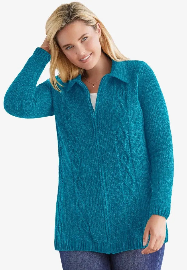 Chenille Zip Cable Cardigan Sweater