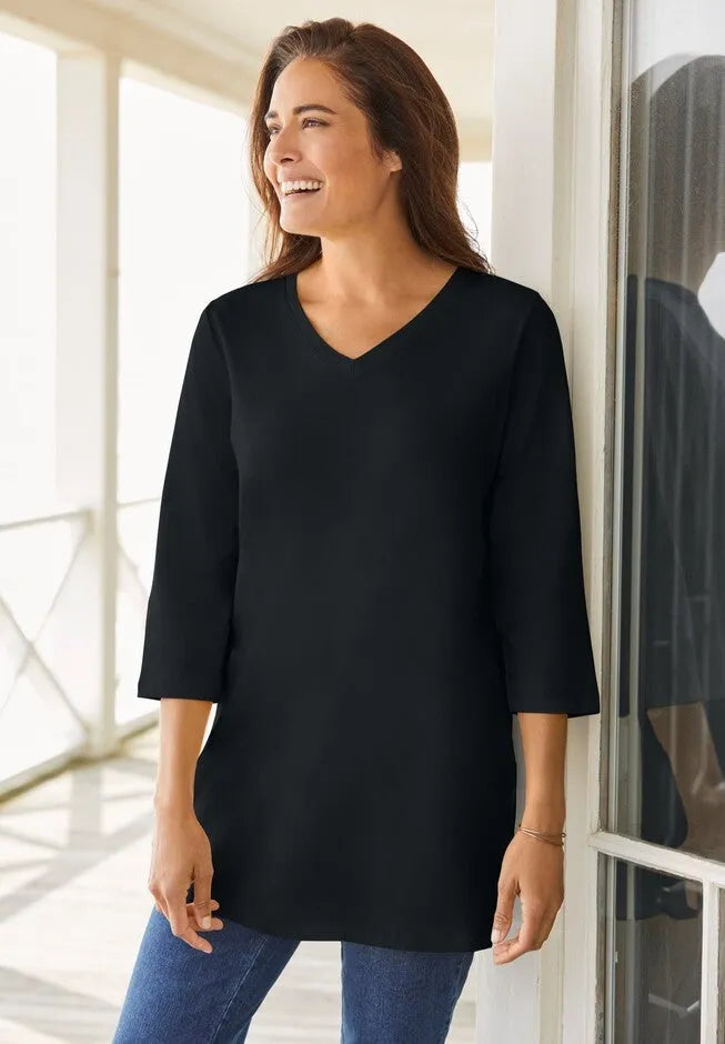 Perfect Three-Quarter Sleeve V-Neck Tunic
