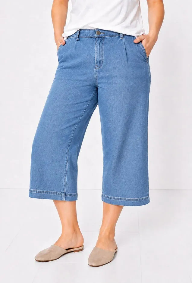 100% Cotton Mid-Rise Lightweight Denim Elastic Waist Wide-Leg Crop Trouser Jeans
