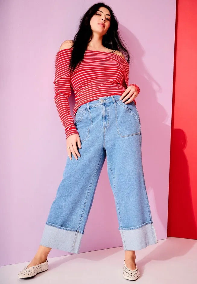 Wide-Leg Cropped Cuffed Jeans