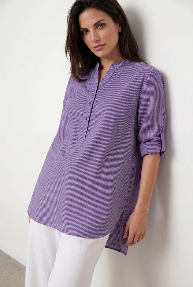 Three-Quarter Sleeve Roll Tab Relaxed Fit 100% Cotton Henley Tunic