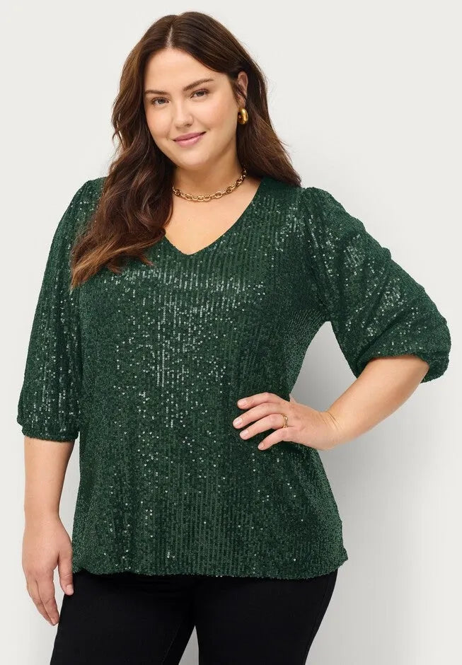 V-Neck Sequin Top With Blouson Sleeves