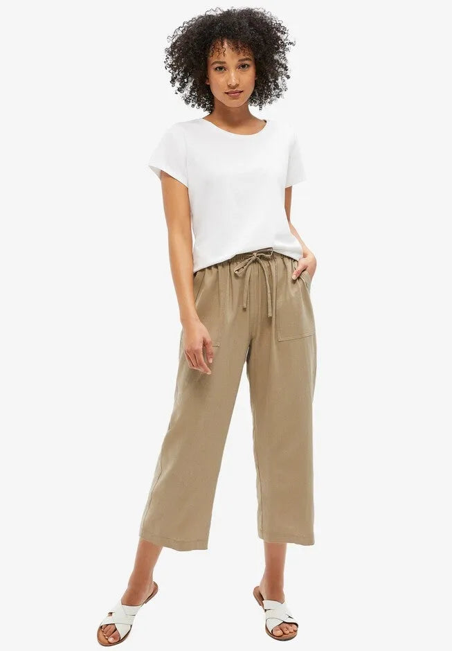 Linen-Blend Drawstring Elastic Waist Relaxed Fit Capris
