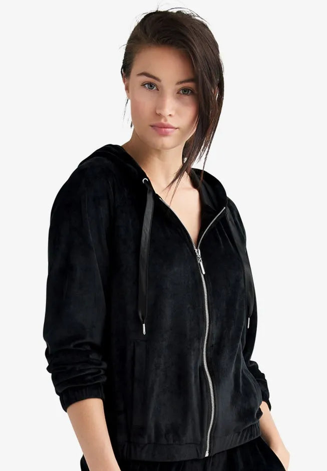 Stretch Velour Zip Front Long Sleeve Jacket With Hood