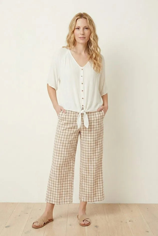 100% Cotton Wide Leg Gingham Seersucker Back Elastic Waist Crop Pants