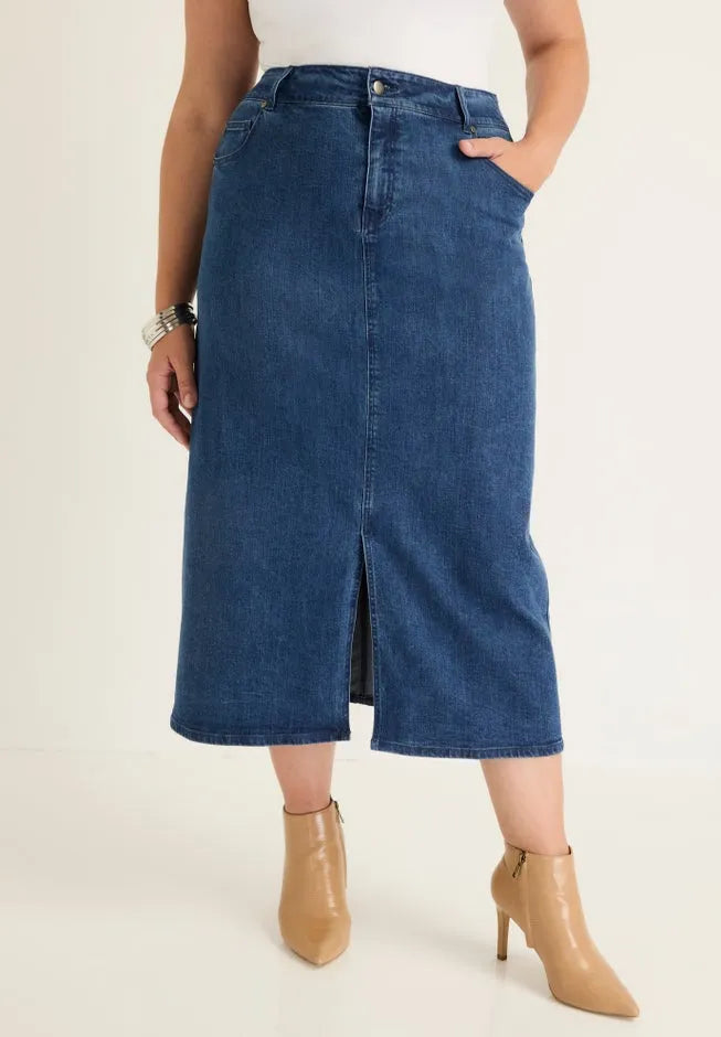 Front-Slit Denim Midi Skirt