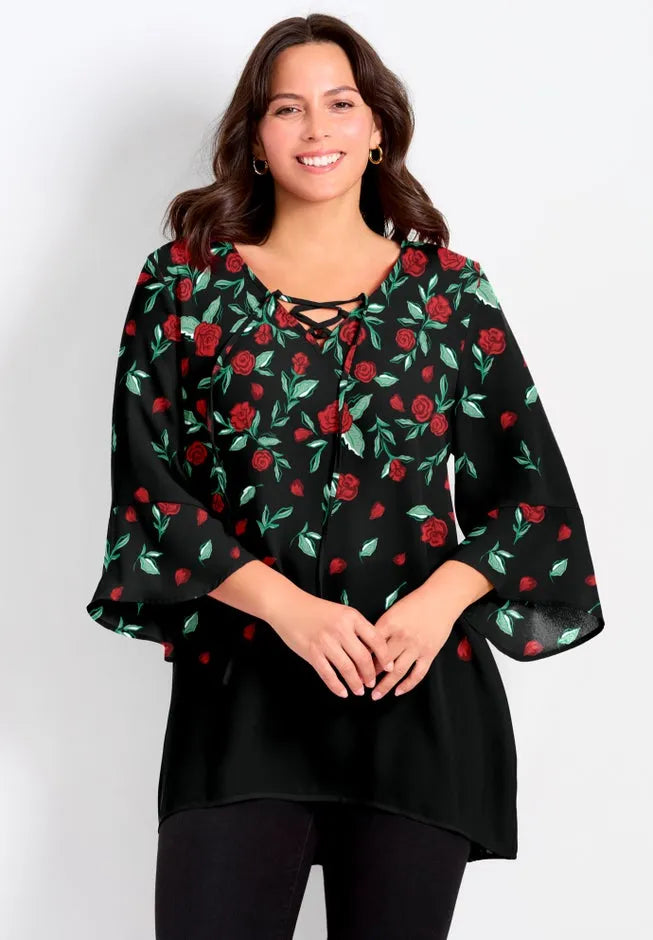 V-Neck Lace-Up Bell Sleeve Tunic