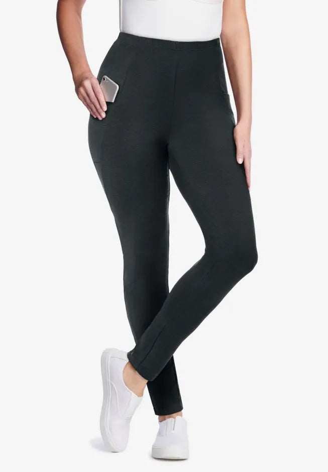 Side Pocket Ankle-Length Pull-On Stretch Knit Cotton Spandex Leggings