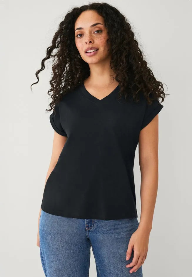 Cotton Jersey Slub V-neck Tee With Rolled Cuffs