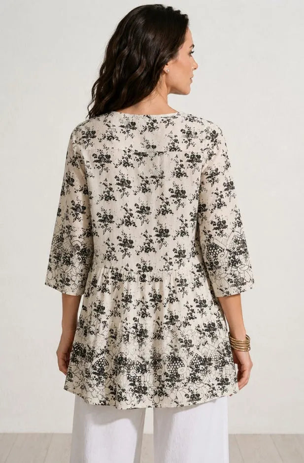 100% Cotton Cambric Three-Quarter Sleeve Tiered Flounce Scoopneck Tunic