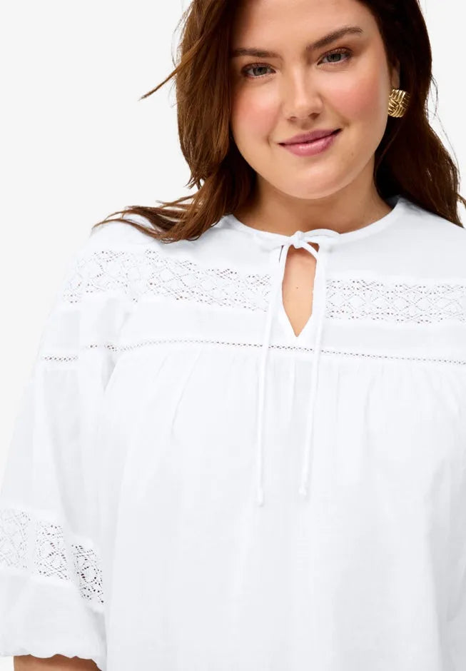 100% Cotton A-Line Three-Quarter Sleeve Keyhole Neck Blouse With Crochet Trim