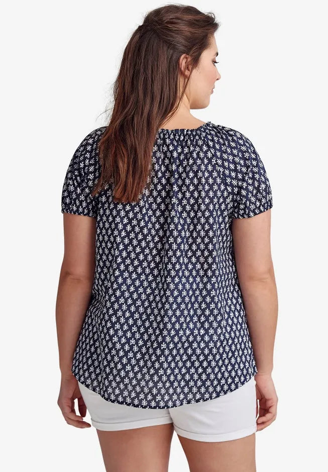 100% Cotton A-Line Peasant Blouse With Scoop Keyhole Neckline
