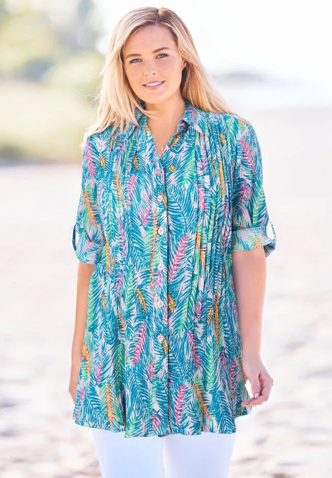 Pintucked Button Down Gauze Shirt