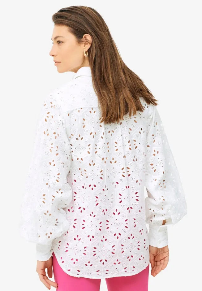 100% Cotton Cambric Eyelet Button-Front Blouson Sleeve Shirt