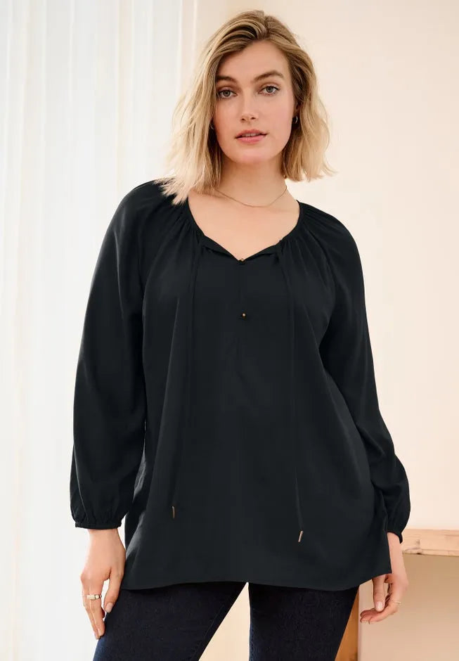 A-Line Long Sleeve Peasant Tunic with Tie-Neck Keyhole Neckline