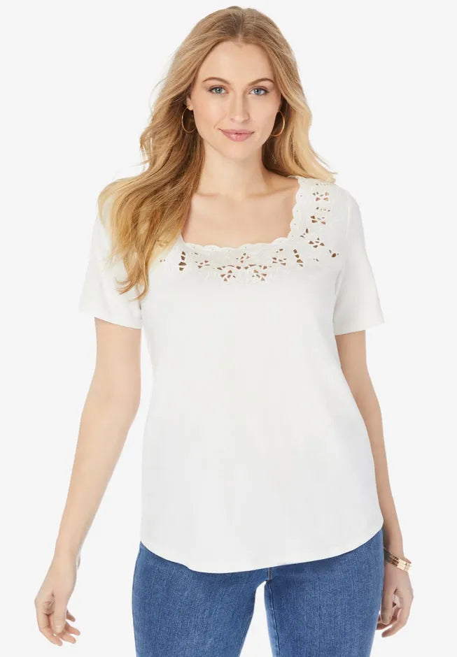 Stretch Cotton Eyelet Cutout Tee