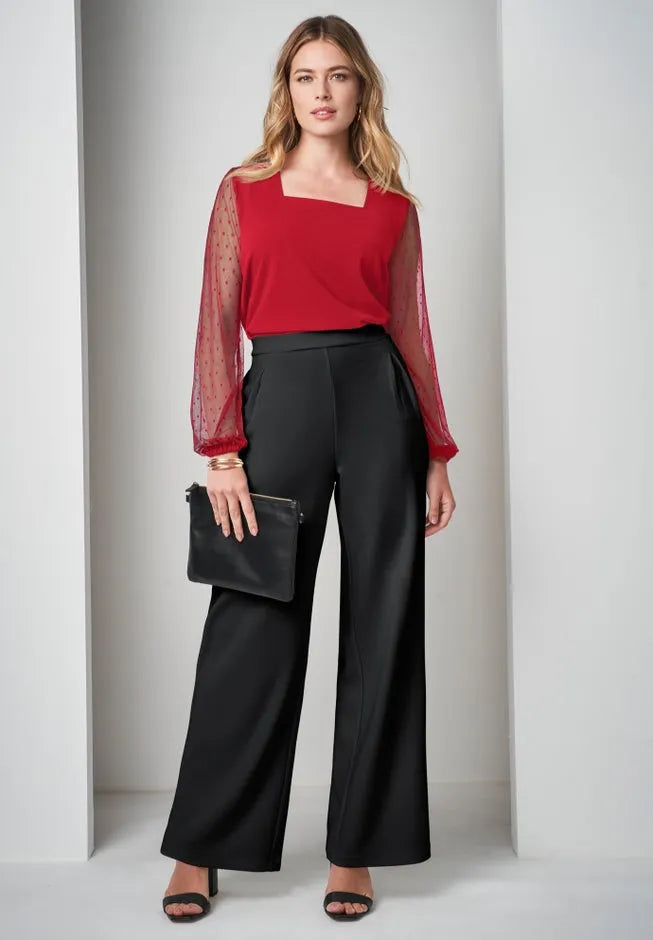 Stretch Crepe Square Neck Mixed Media Top