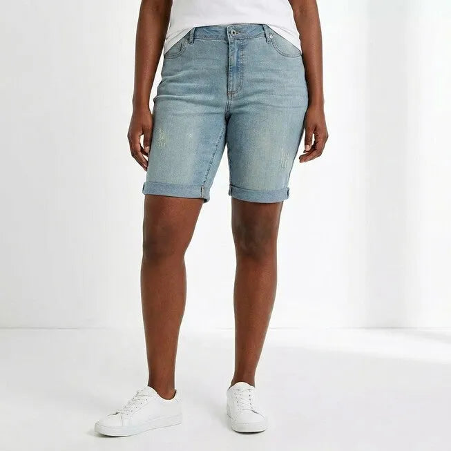 Mid-Rise Stretch Denim Bermuda Shorts