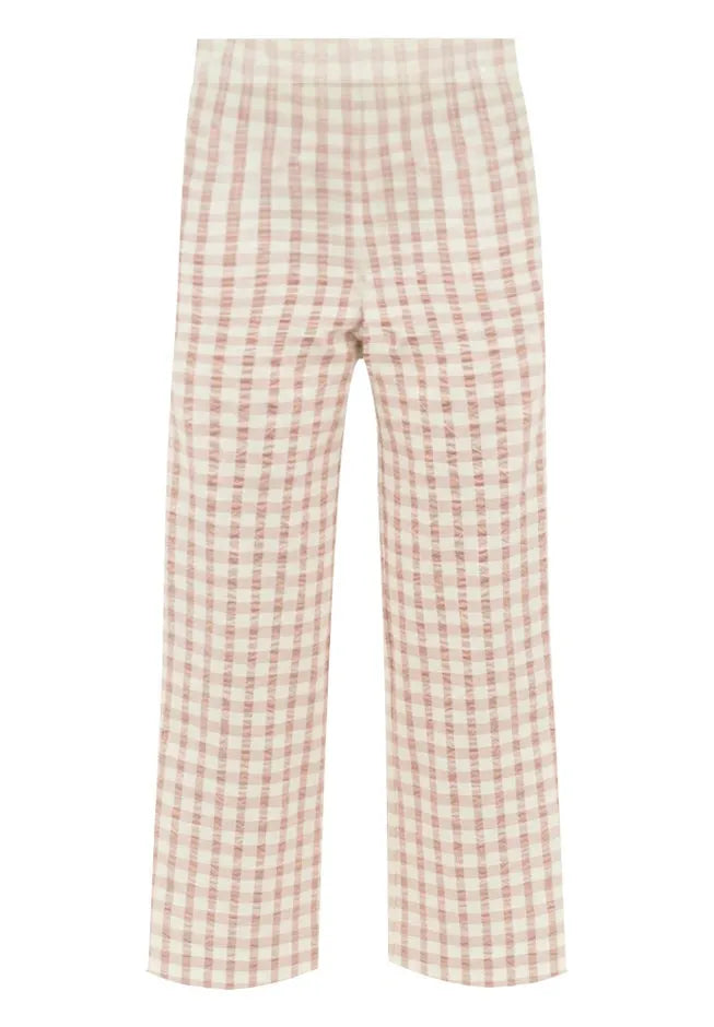 100% Cotton Wide Leg Gingham Seersucker Back Elastic Waist Crop Pants