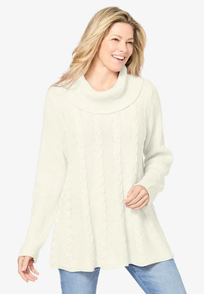 Cowl Neck Cable Knit Swing Sweater