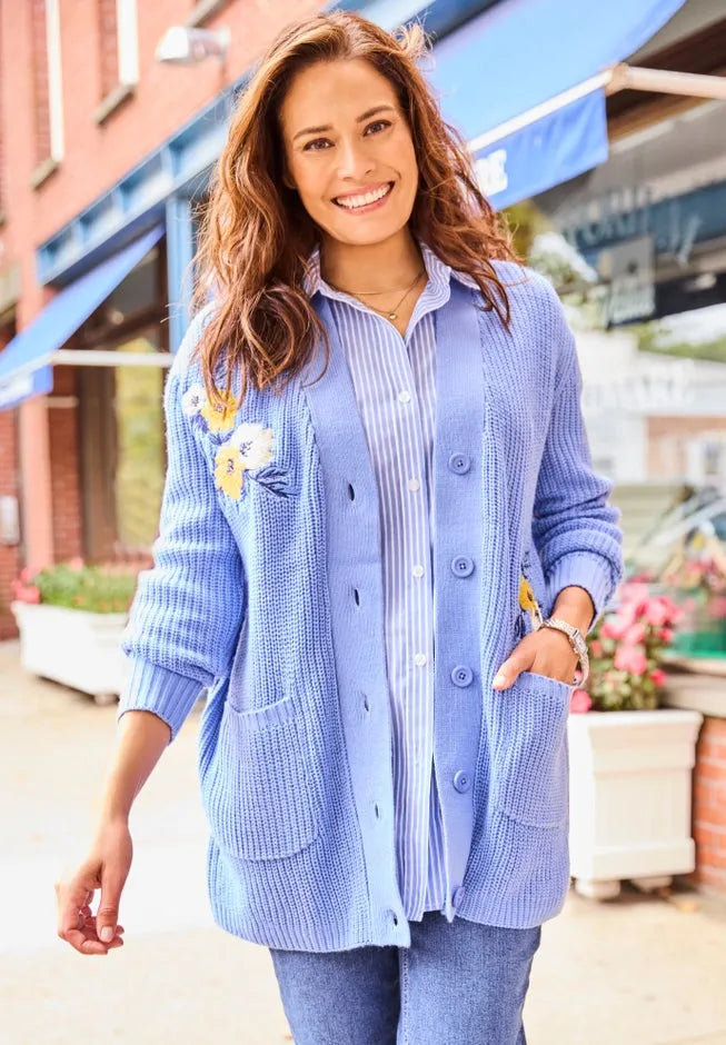 Embroidered Shaker Cardigan Sweater