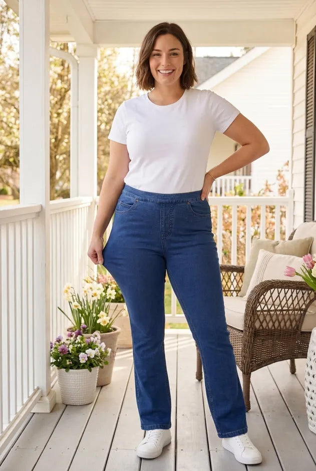 Straight-Leg Stretch Knit Denim Five-Pocket Jeans