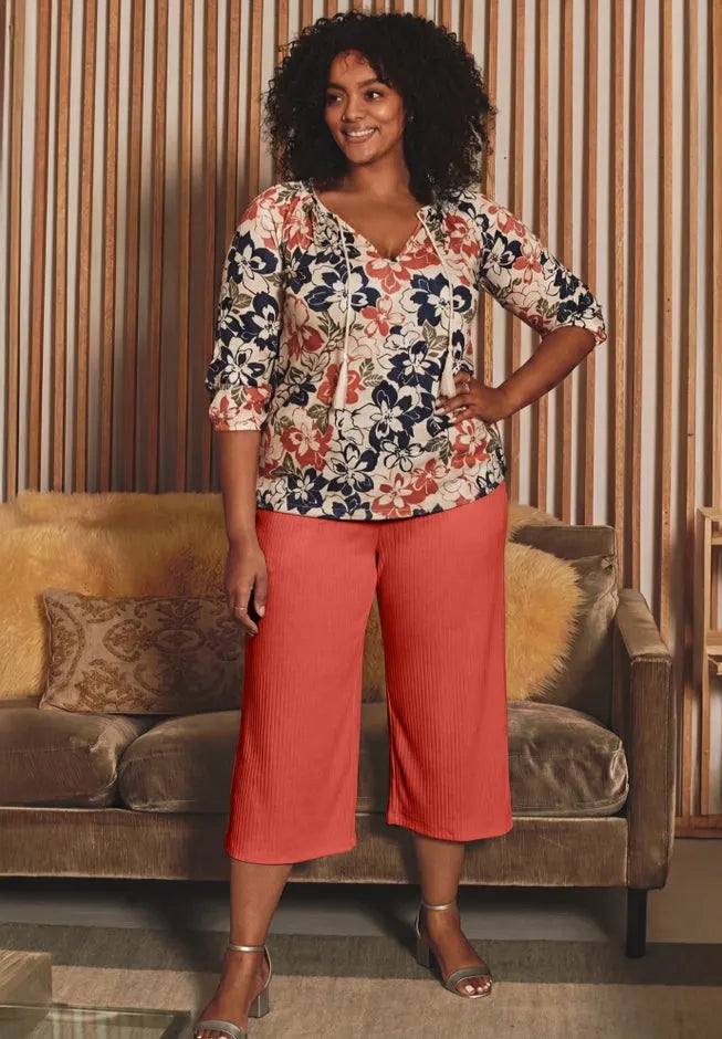 Knit Gauze Smocked Wide-Leg Crop