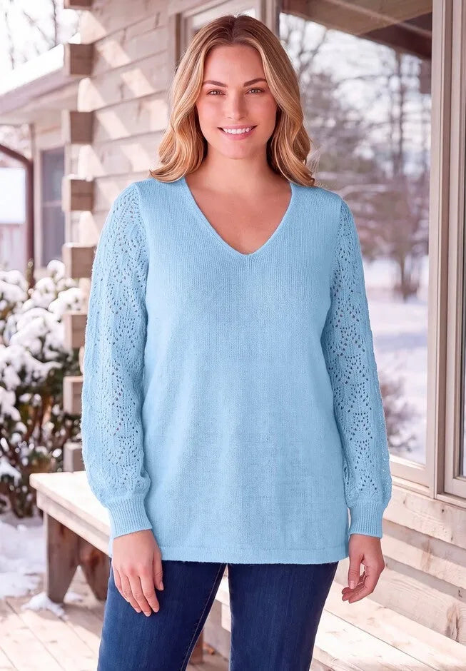 Pointelle Blouson-Sleeve A-Line Sweater