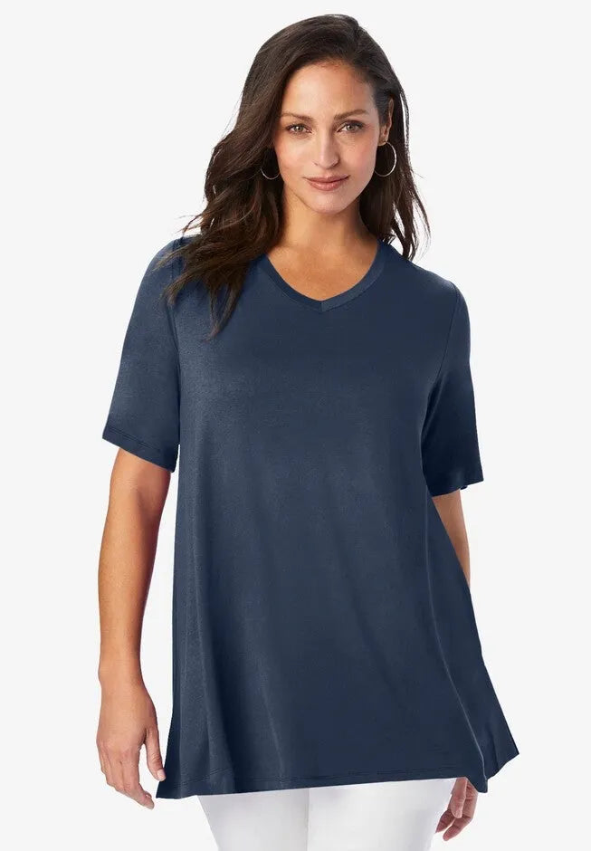 Stretch Knit V-Neck Swing Tunic