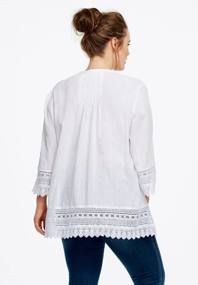 100% Cotton Crepe Button-Front Three-Quarter Sleeve Crochet Trim Blouse