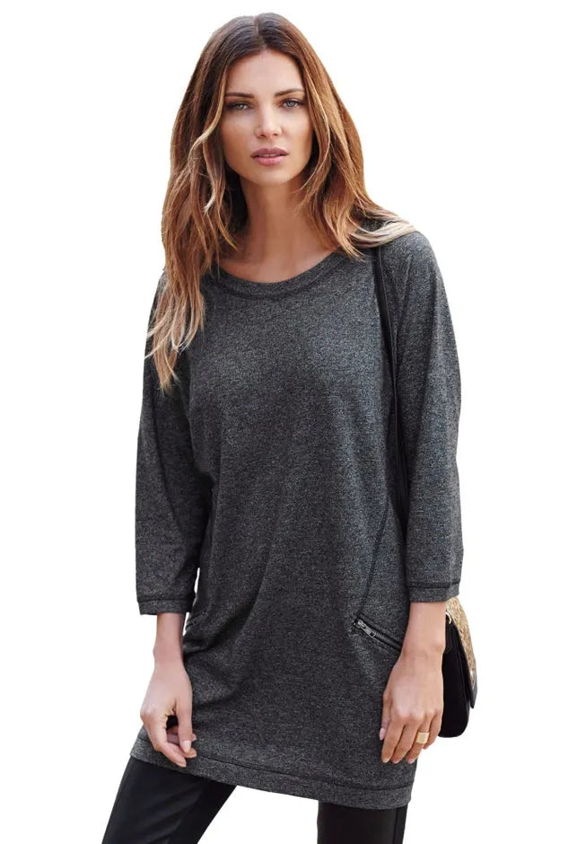 Ellos Studio French Terry Zip-Pocket Long Sleeve Scoopneck Tunic