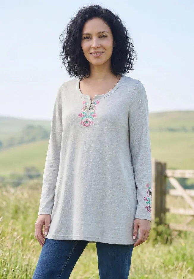 Embroidered Long-Sleeve Swing Tunic