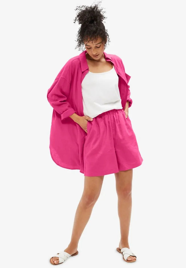 Linen-Blend Pull-On Elastic Waist Shorts