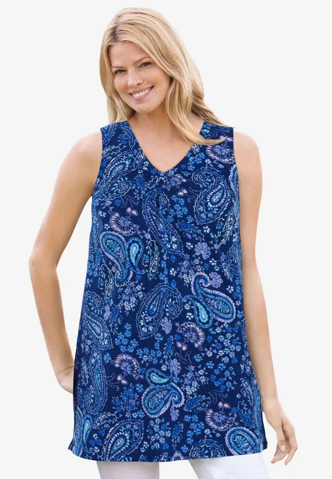 Perfect Printed Sleeveless Shirred V-Neck Tunic