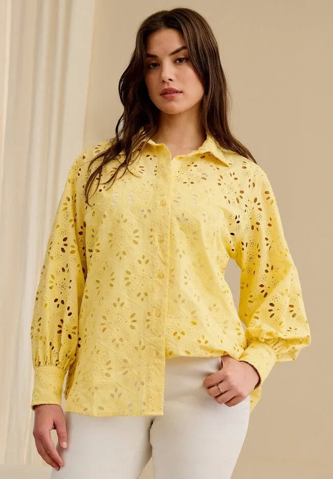 100% Cotton Cambric Eyelet Button-Front Blouson Sleeve Shirt
