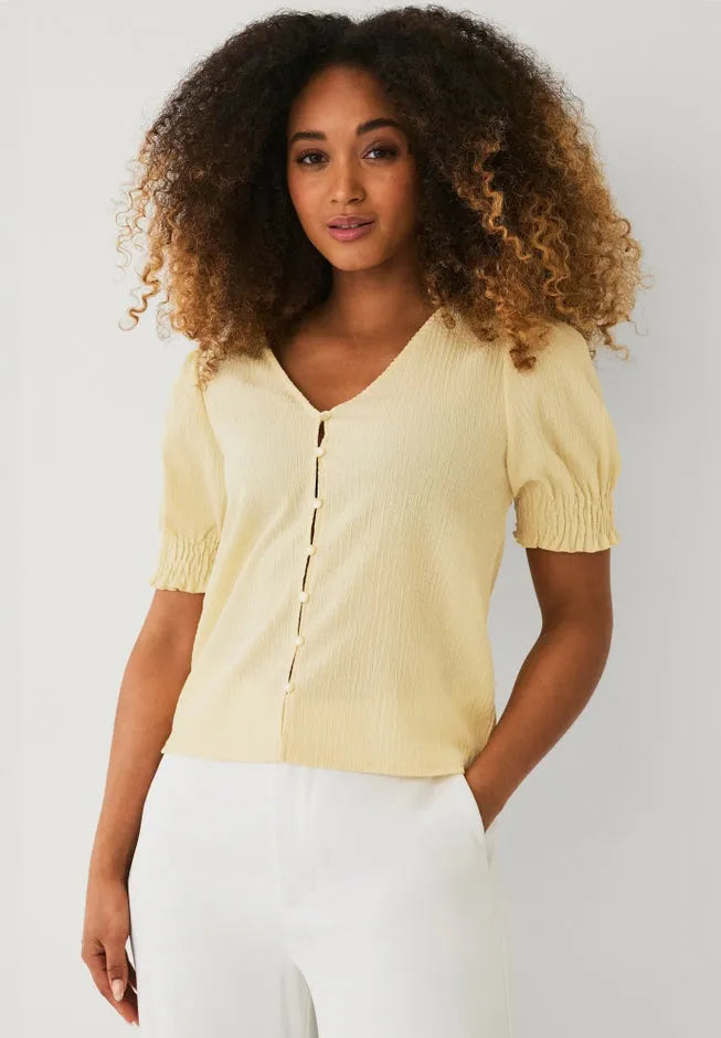 Textured Knit Button Front Top With Puff Sleeves