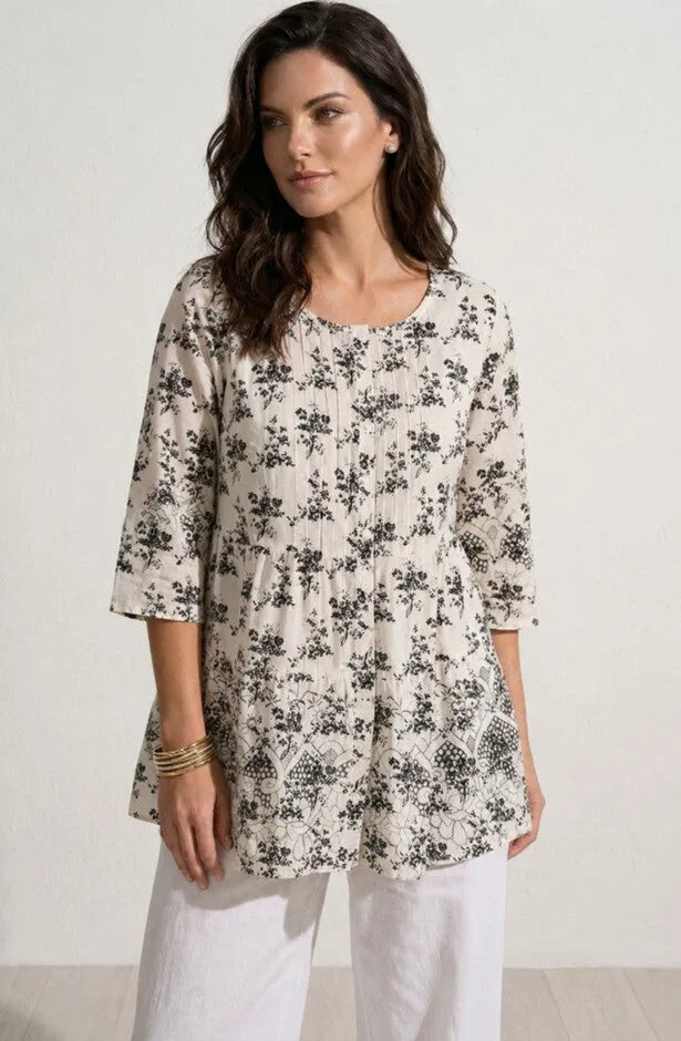 100% Cotton Cambric Three-Quarter Sleeve Tiered Flounce Scoopneck Tunic