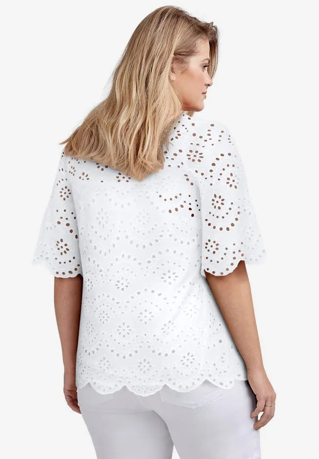 100% Cotton Eyelet Short Sleeve Scallop Hem Blouse