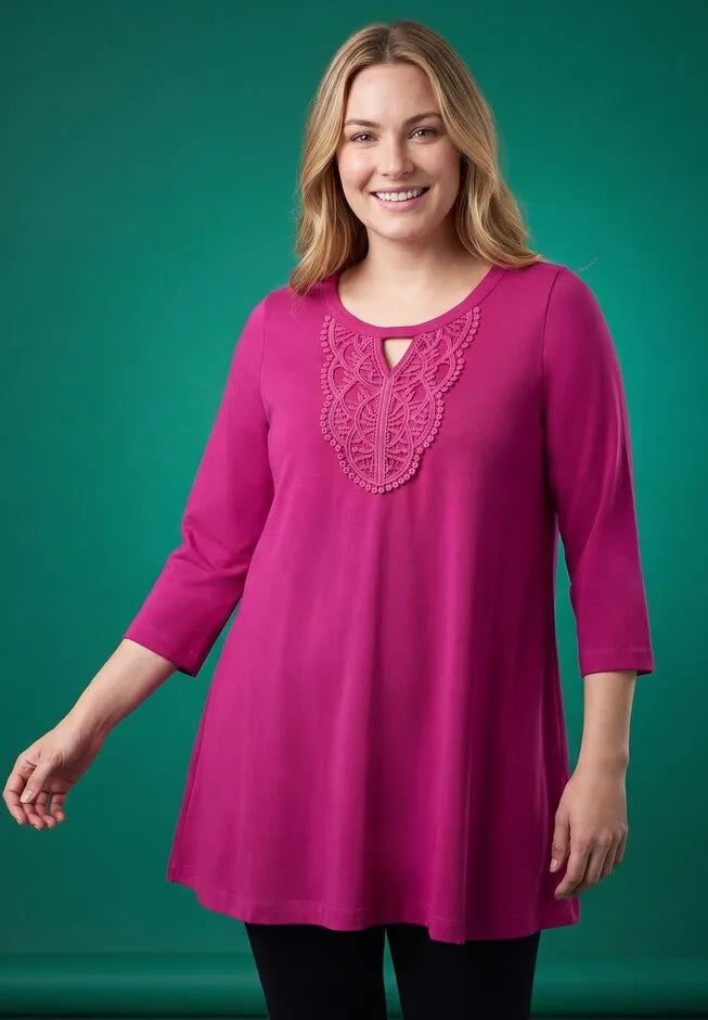 Crochet-Detailed Keyhole Neck Swing Tunic
