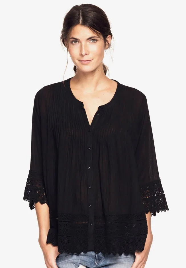 100% Cotton Crepe Button-Front Three-Quarter Sleeve Crochet Trim Blouse