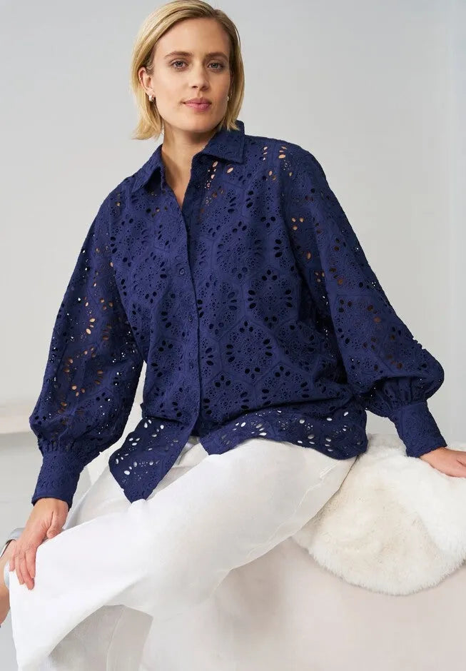 100% Cotton Cambric Eyelet Button-Front Blouson Sleeve Shirt