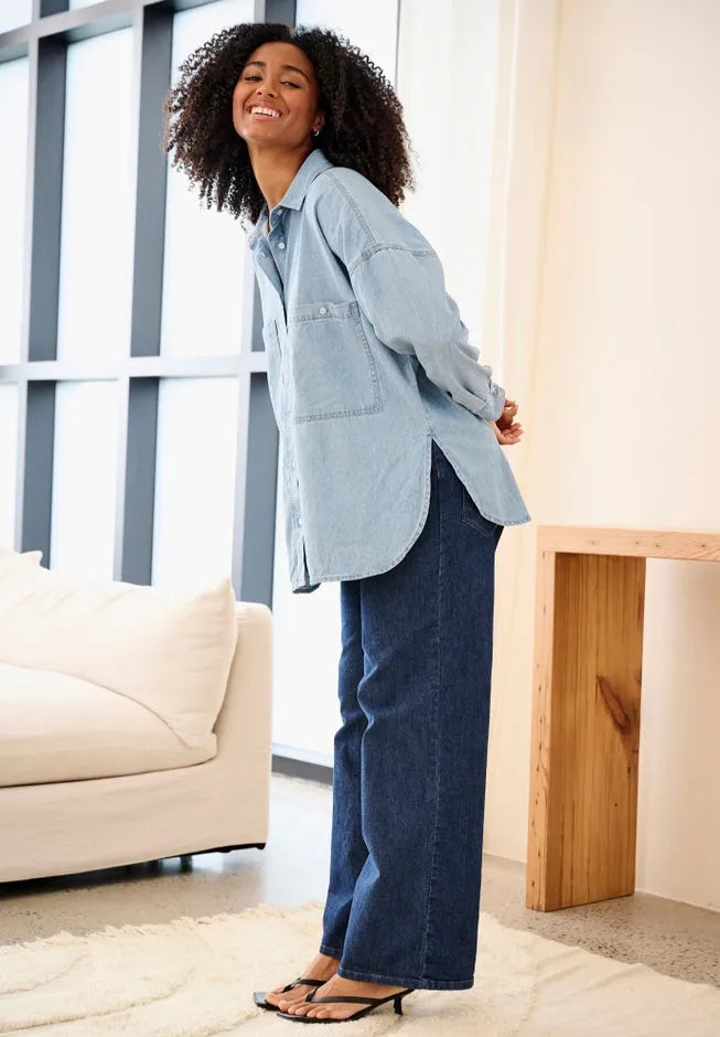 100% Cotton Denim Oversized Button-Front Collared Shirt
