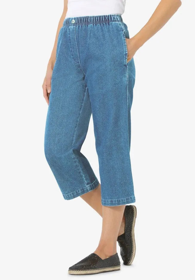 7-Day Elastic-Waist Pull-On Cotton Denim Capri Jeans