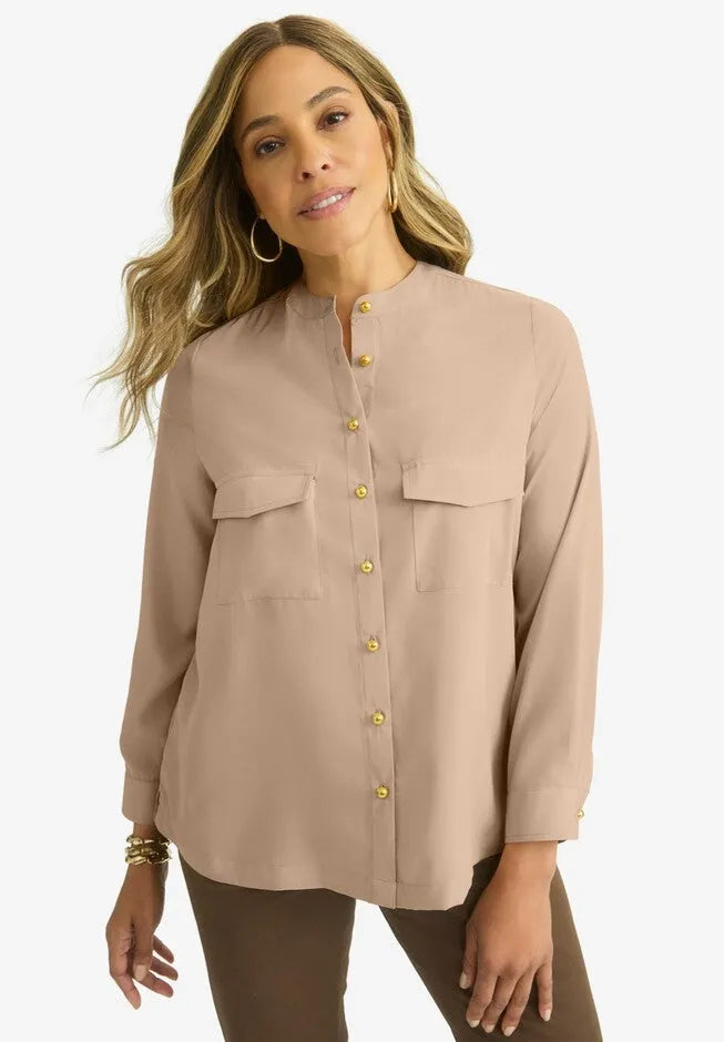 Button-Front Chest Pocket Blouse