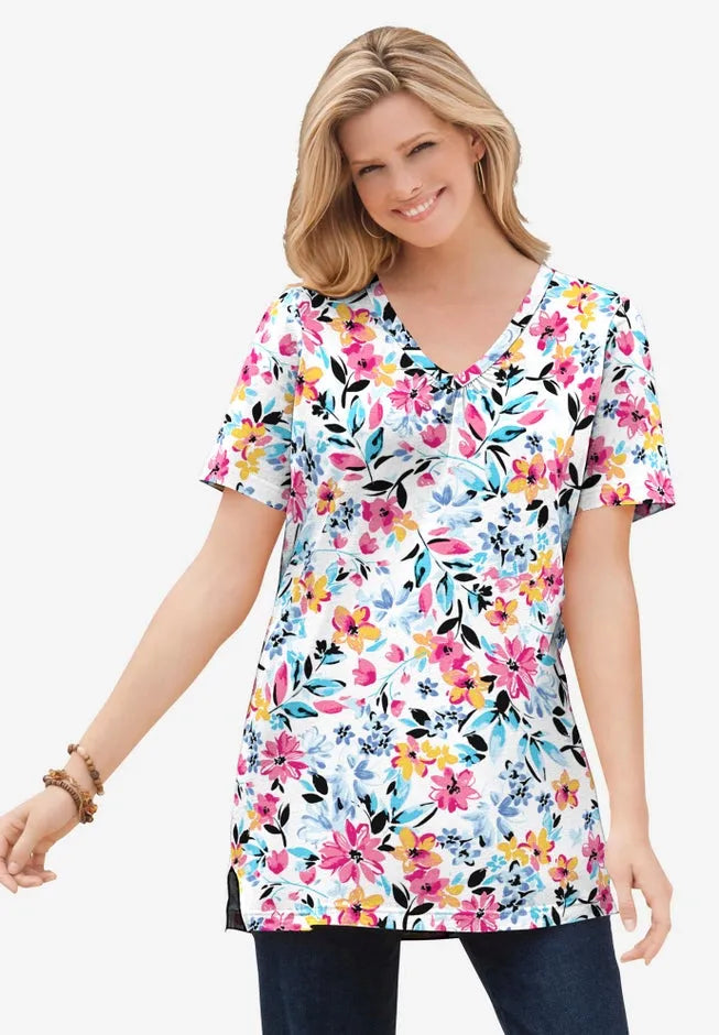 Perfect Printed Short-Sleeve Shirred V-Neck Tunic