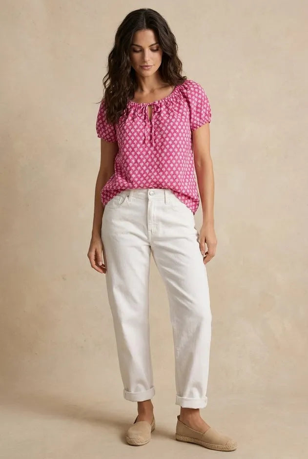 100% Cotton A-Line Peasant Blouse With Scoop Keyhole Neckline