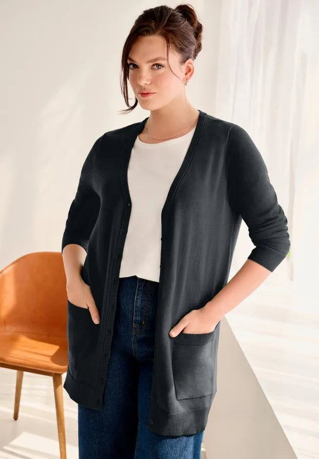 V-Neck Button-Front 100% Cotton Boyfriend Cardigan